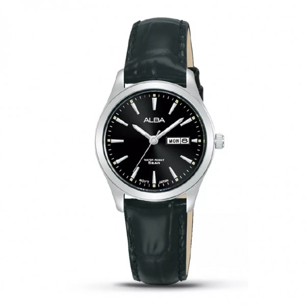 Alba AN8091X1 AN8091 Silver Black Leather Day Date